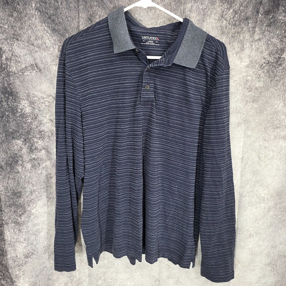 Untuckit Polo Shirt Mens Large Black Gray Striped Long Sleeve Travel Casual